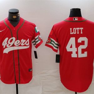 Men's San Francisco 49ers #42 Ronnie Lott Red With Patch Cool Base Stitched Baseball Jersey - Custom Name