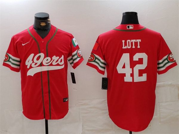 Men's San Francisco 49ers #42 Ronnie Lott Red With Patch Cool Base Stitched Baseball Jersey - Custom Name