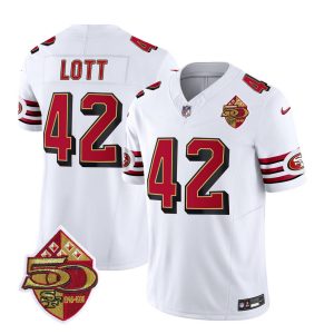 Men's San Francisco 49ers #42 Ronnie Lott White 2023 F.U.S.E. 50th Patch Throwback Stitched Football Jersey - Custom Name