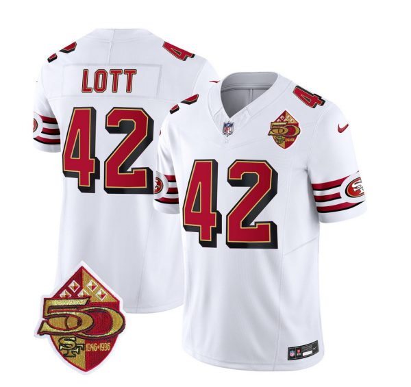 Men's San Francisco 49ers #42 Ronnie Lott White 2023 F.U.S.E. 50th Patch Throwback Stitched Football Jersey - Custom Name