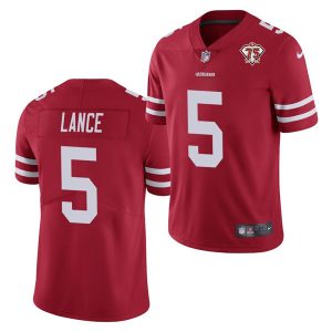 Men's San Francisco 49ers #5 Trey Lance 2021 NFL Draft Red NFL 75th Anniversary Vapor Untouchable Stitched Jersey - Custom Name