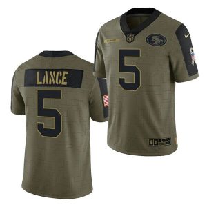 Men's San Francisco 49ers #5 Trey Lance 2021 Olive Camo Salute To Service Limited Stitched Jersey - Custom Name