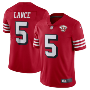Men's San Francisco 49ers #5 Trey Lance 2021 Scarlet 75th Anniversary Alternate Vapor Untouchable Stitched NFL Jersey - Custom Name
