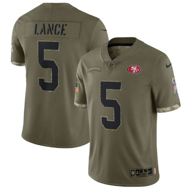 Men's San Francisco 49ers #5 Trey Lance Olive 2022 Salute To Service Limited Stitched Jersey - Custom Name