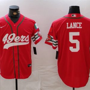 Men's San Francisco 49ers #5 Trey Lance Red With Patch Cool Base Stitched Baseball Jersey - Custom Name