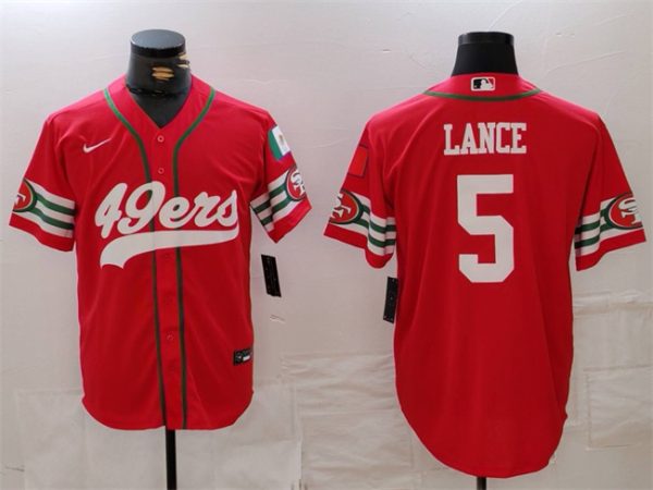 Men's San Francisco 49ers #5 Trey Lance Red With Patch Cool Base Stitched Baseball Jersey - Custom Name