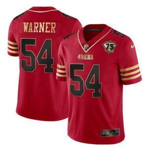 Men's San Francisco 49ers #54 Fred Warner Red Gold With 75th Anniversary Patch Stitched Jersey - Custom Name