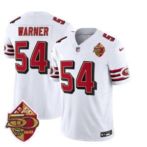 Men's San Francisco 49ers #54 Fred Warner Red-White 2023 F.U.S.E. 50th Patch Vapor Limited Stitched Football Jersey - Custom Name