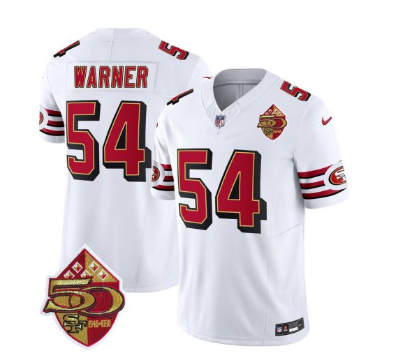Men's San Francisco 49ers #54 Fred Warner Red-White 2023 F.U.S.E. 50th Patch Vapor Limited Stitched Football Jersey - Custom Name