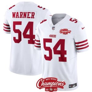 Men's San Francisco 49ers #54 Fred Warner White 2023 F.U.S.E. NFC West Champions Patch Stitched Football Jersey - Custom Name