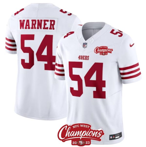 Men's San Francisco 49ers #54 Fred Warner White 2023 F.U.S.E. NFC West Champions Patch Stitched Football Jersey - Custom Name