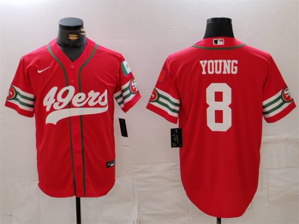 Men's San Francisco 49ers #8 Steve Young Red With Patch Cool Base Stitched Baseball Jersey - Custom Name