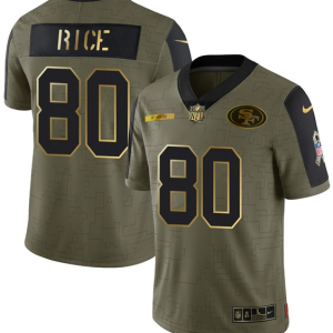 Men's San Francisco 49ers #80 Jerry Rice 2021 Olive Camo Salute To Service Golden Limited Stitched Jersey - Custom Name