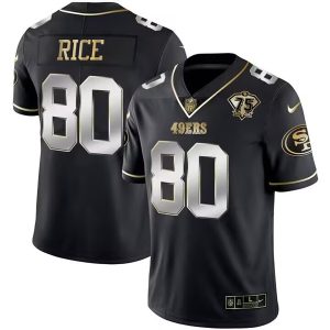 Men's San Francisco 49ers #80 Jerry Rice Black Gold Edition With 75th Anniversary Patch Stitched Jersey - Custom Name