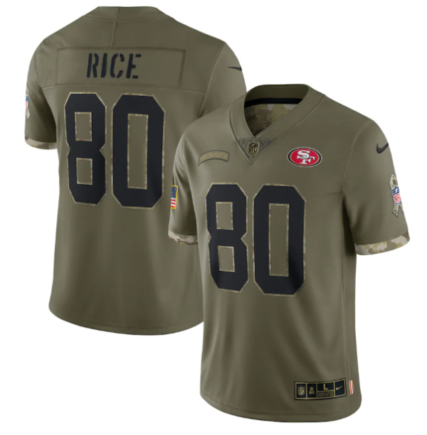 Men's San Francisco 49ers #80 Jerry Rice Olive 2022 Salute To Service Limited Stitched Jersey - Custom Name