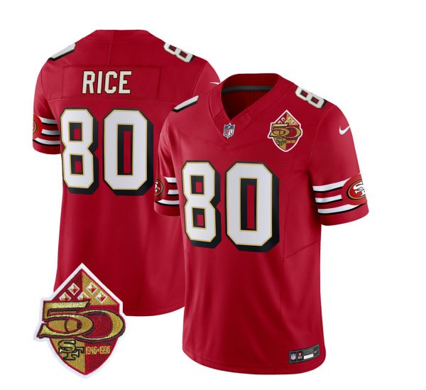 Men's San Francisco 49ers 80 Jerry Rice Red 2023 F.U.S.E. 50th Patch Throwback Stitched Football Jersey - Custom Name