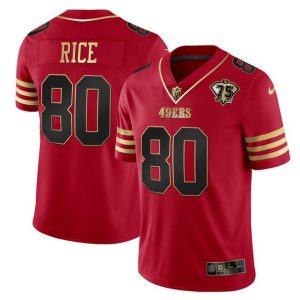 Men's San Francisco 49ers #80 Jerry Rice Red Gold With 75th Anniversary Patch Stitched Jersey - Custom Name