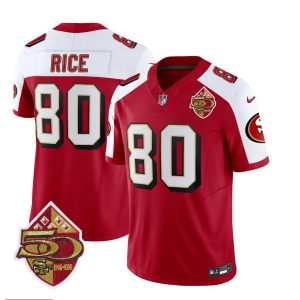 Men's San Francisco 49ers #80 Jerry Rice Red-White 2023 F.U.S.E. 50th Patch Throwback Stitched Football Jersey - Custom Name