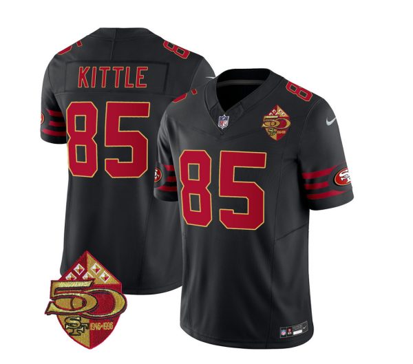 Men's San Francisco 49ers #85 George Kittle Black 2023 F.U.S.E. 50th Patch Vapor Limited Stitched Football Jersey - Custom Name