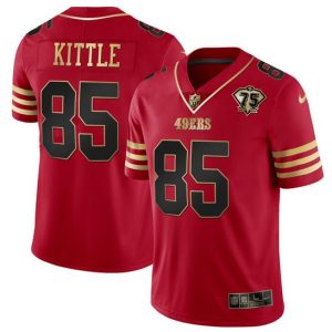 Men's San Francisco 49ers #85 George Kittle Red Gold With 75th Anniversary Patch Stitched Jersey - Custom Name