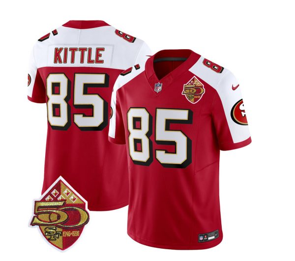 Men's San Francisco 49ers #85 George Kittle Red-White 2023 F.U.S.E. 50th Patch Throwback Stitched Football Jersey - Custom Name