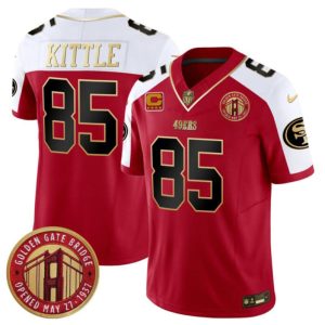 Men's San Francisco 49ers #85 George Kittle Red-White F.U.S.E. With 4-Star C Patch Golden Gate Bridge Patch Alternate Vapor Limited Stitched Football Jersey - Custom Name