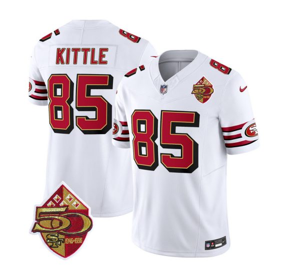 Men's San Francisco 49ers #85 George Kittle White 2023 F.U.S.E. 50th Patch Vapor Untouchable Limited Stitched Football Jersey - Custom Name