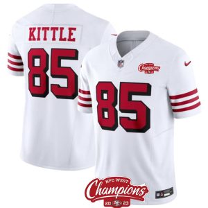 Men's San Francisco 49ers #85 George Kittle White 2023 F.U.S.E. NFC West Champions Patch Alternate Stitched Football Jersey - Custom Name