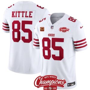 Men's San Francisco 49ers #85 George Kittle White 2023 F.U.S.E. With 4-star C Ptach And NFC West Champions Patch Stitched Football Jersey - Custom Name