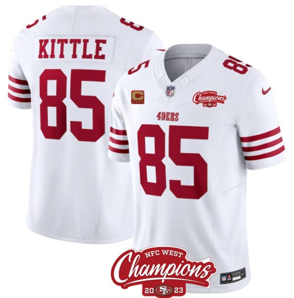 Men's San Francisco 49ers #85 George Kittle White 2023 F.U.S.E. With 4-star C Ptach And NFC West Champions Patch Stitched Football Jersey - Custom Name