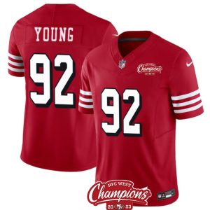 Men's San Francisco 49ers #92 Chase Young Red 2023 F.U.S.E. NFC West Champions Patch Alternate Stitched Football Jersey - Custom Name