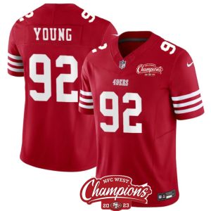 Men's San Francisco 49ers #92 Chase Young Red 2023 F.U.S.E. NFC West Champions Patch Stitched Football Jersey - Custom Name
