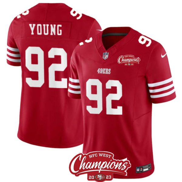 Men's San Francisco 49ers #92 Chase Young Red 2023 F.U.S.E. NFC West Champions Patch Stitched Football Jersey - Custom Name