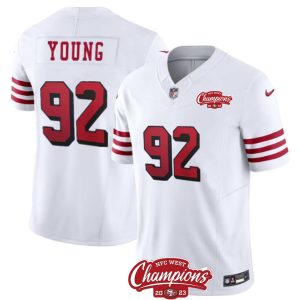 Men's San Francisco 49ers #92 Chase Young White 2023 F.U.S.E. NFC West Champions Patch Alternate Stitched Football Jersey - Custom Name