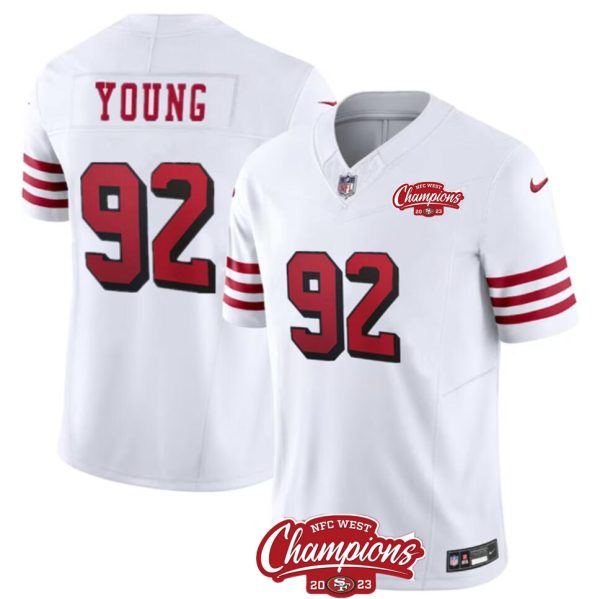 Men's San Francisco 49ers #92 Chase Young White 2023 F.U.S.E. NFC West Champions Patch Alternate Stitched Football Jersey - Custom Name