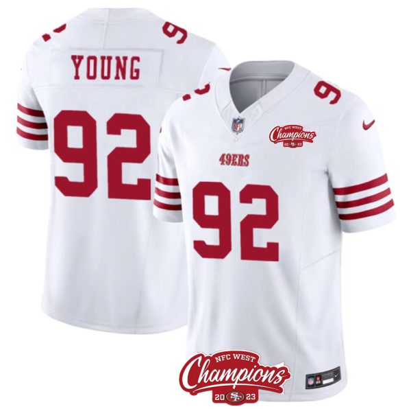 Men's San Francisco 49ers #92 Chase Young White 2023 F.U.S.E. NFC West Champions Patch Stitched Football Jersey - Custom Name