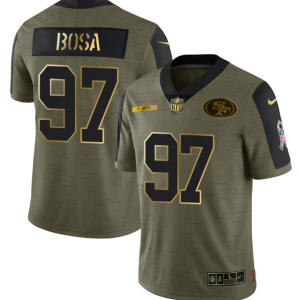 Men's San Francisco 49ers #97 Nick Bosa 2021 Olive Camo Salute To Service Golden Limited Stitched Jersey - Custom Name