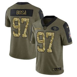 Men's San Francisco 49ers #97 Nick Bosa 2021 Olive Camo Salute To Service Limited Stitched Jersey - Custom Name