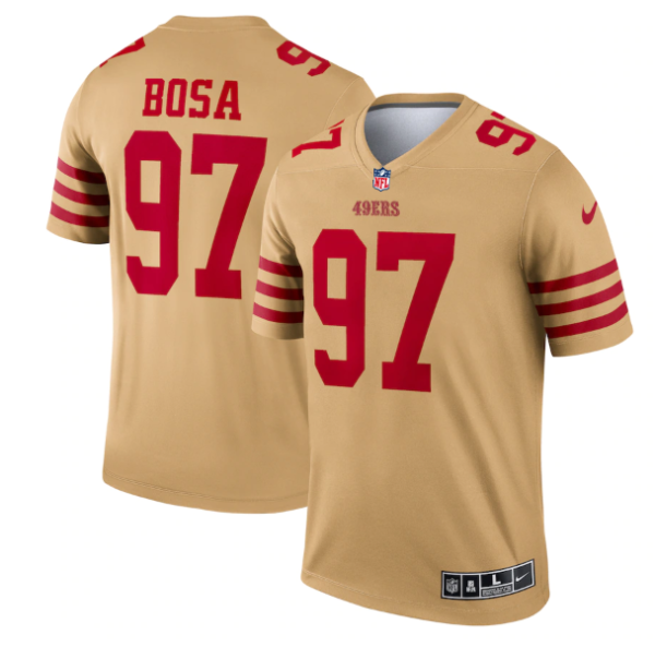 Men's San Francisco 49ers #97 Nick Bosa 2022 New Gold Inverted Legend Stitched Football Jersey - Custom Name