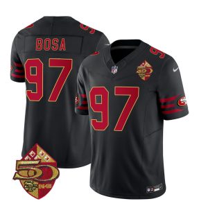 Men's San Francisco 49ers #97 Nick Bosa Black 2023 F.U.S.E. 50th Patch Vapor Limited Stitched Football Jersey - Custom Name