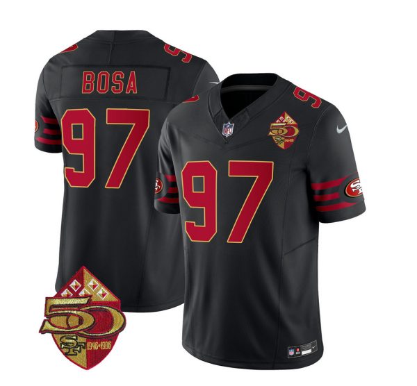 Men's San Francisco 49ers #97 Nick Bosa Black 2023 F.U.S.E. 50th Patch Vapor Limited Stitched Football Jersey - Custom Name