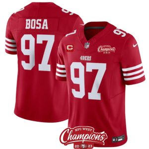 Men's San Francisco 49ers #97 Nick Bosa Red 2023 F.U.S.E. With 2-star C Patch And NFC West Champions Patch Stitched Football Jersey - Custom Name