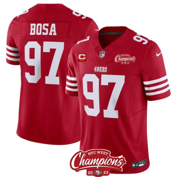Men's San Francisco 49ers #97 Nick Bosa Red 2023 F.U.S.E. With 2-star C Patch And NFC West Champions Patch Stitched Football Jersey - Custom Name