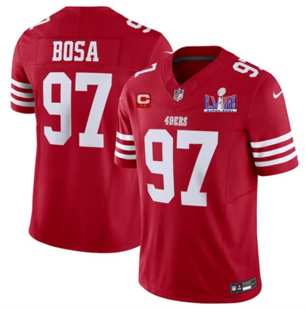 Men's San Francisco 49ers #97 Nick Bosa Red F.U.S.E. Super Bowl LVIII Patch And 2-star C Patch Vapor Untouchable Limited Stitched Football Jersey - Custom Name