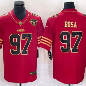Men's San Francisco 49ers #97 Nick Bosa Red Gold With 75th Anniversary Patch Stitched Jersey - Custom Name