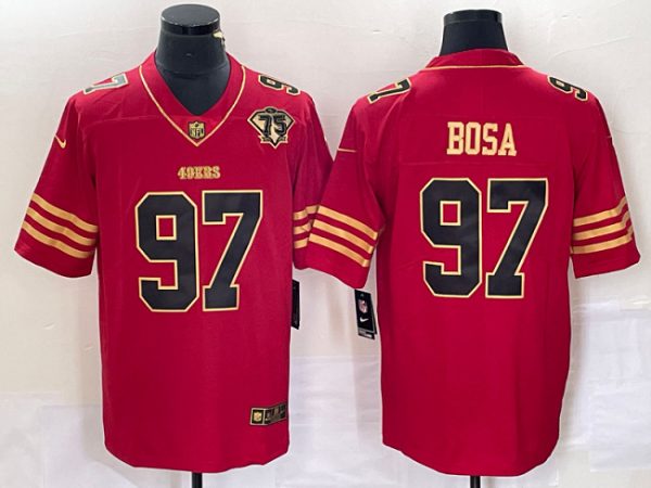 Men's San Francisco 49ers #97 Nick Bosa Red Gold With 75th Anniversary Patch Stitched Jersey - Custom Name