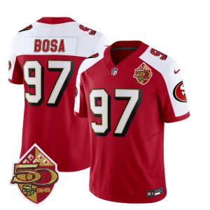 Men's San Francisco 49ers #97 Nick Bosa Red-White 2023 F.U.S.E. 50th Patch Throwback Stitched Football Jersey - Custom Name