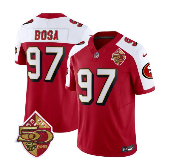 Men's San Francisco 49ers #97 Nick Bosa Red-White 2023 F.U.S.E. 50th Patch Throwback Stitched Football Jersey - Custom Name