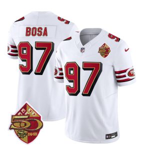 Men's San Francisco 49ers #97 Nick Bosa White 2023 F.U.S.E. 50th Patch Throwback Stitched Football Jersey - Custom Name