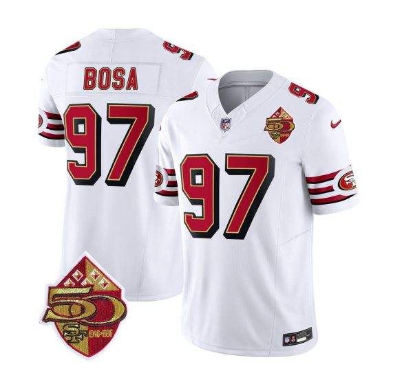 Men's San Francisco 49ers #97 Nick Bosa White 2023 F.U.S.E. 50th Patch Throwback Stitched Football Jersey - Custom Name